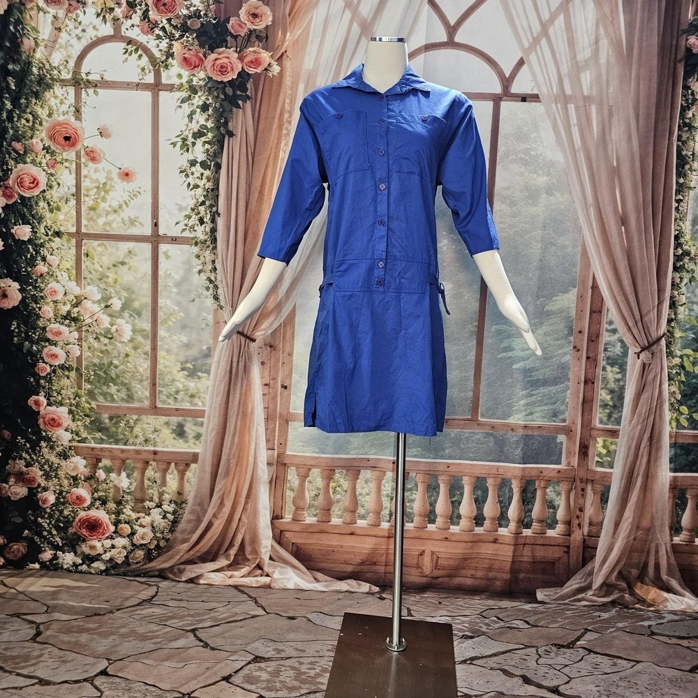 Vintage 1980s Dress Royal Blue Drop Waist Long Sleeve Button Down Collared - Picture 2 of 16